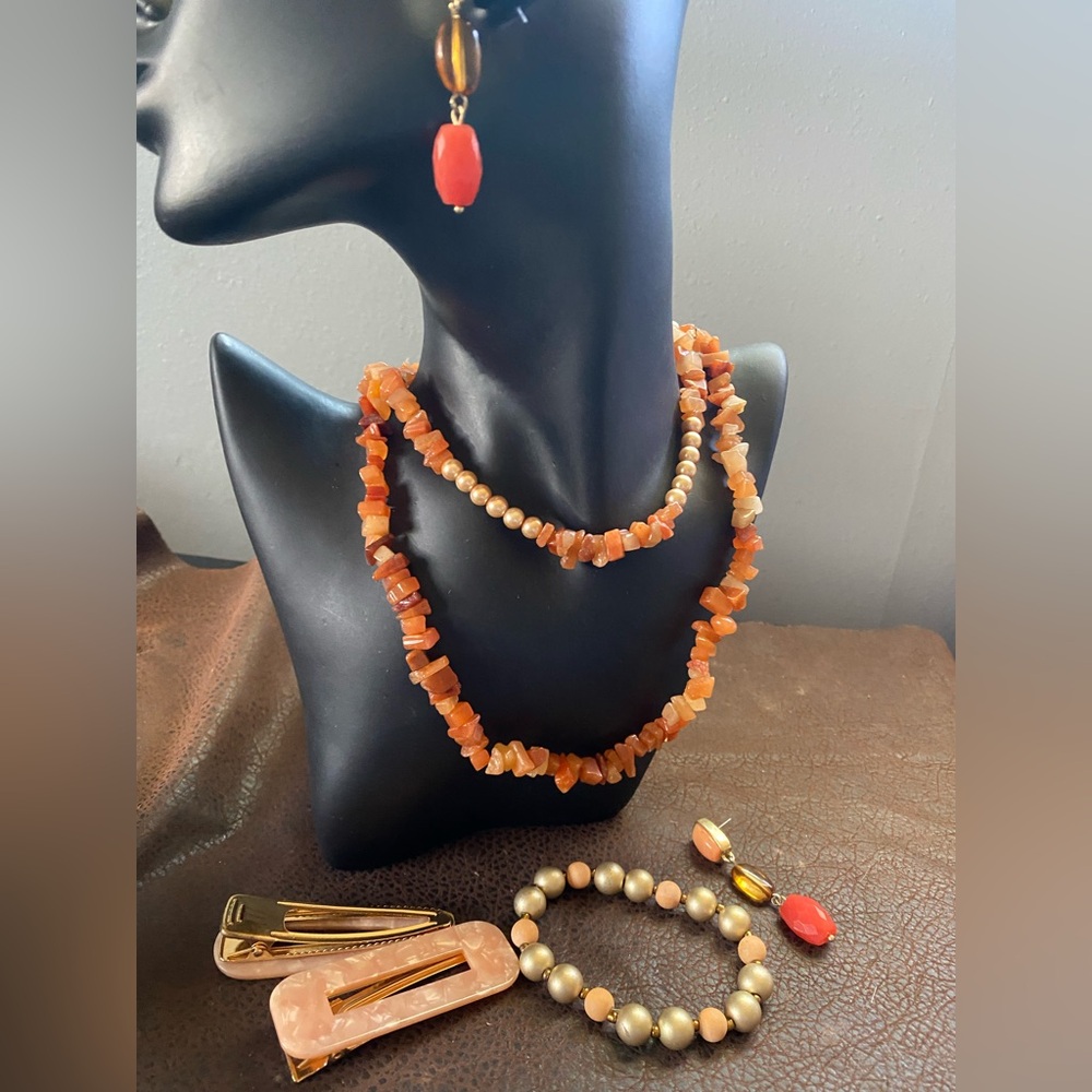 Carnelian Chips Nuggets Orange Necklace, Bracelet, Barrettes, Earring Set